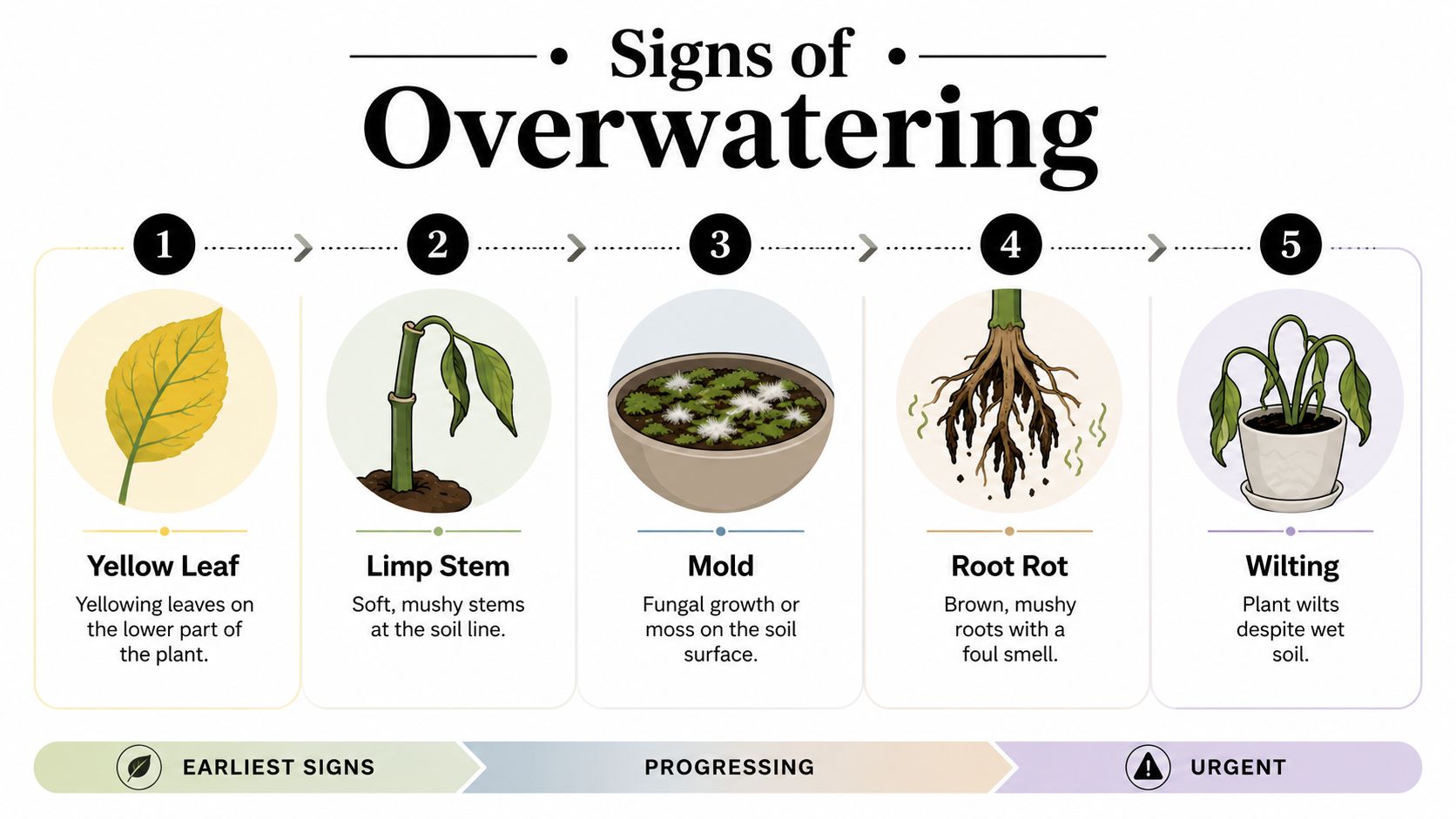 An infographic showing five signs of overwatering plants, including yellow leaves, limp stems, mold, root rot, and wilting.