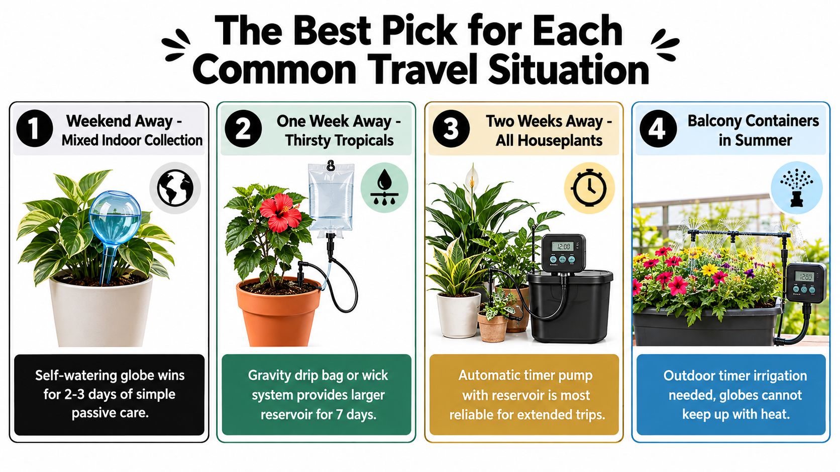 An infographic showing the best plant watering methods for different travel situations ranging from weekends to long vacations.