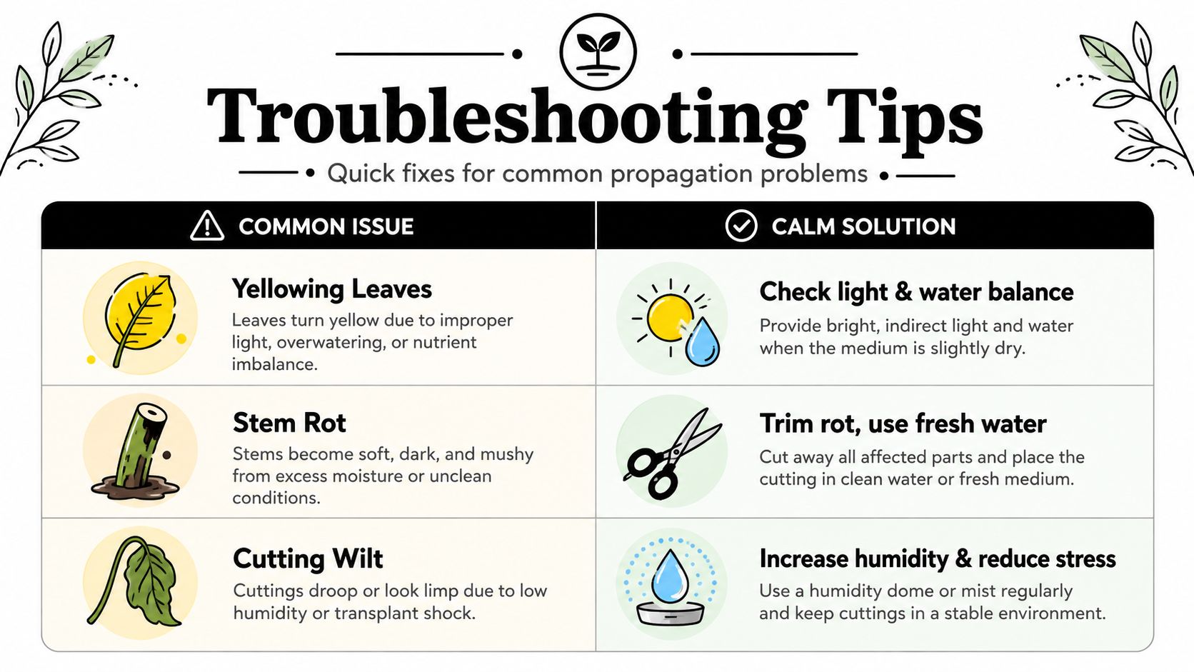 An infographic titled Troubleshooting Tips for plant propagation featuring solutions for yellowing leaves, stem rot, and cutting wilt.