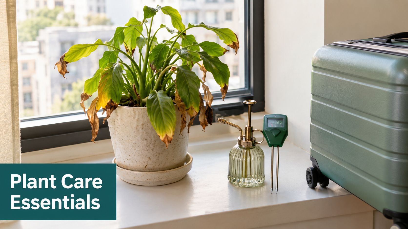 A potted houseplant sits on a windowsill next to a small glass spray bottle and soil moisture meter.