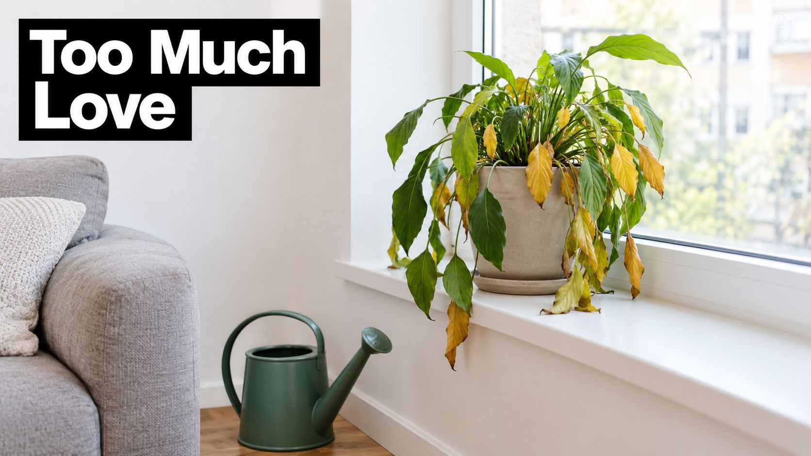 A drooping peace lily plant with yellowing leaves on a windowsill next to a green watering can.