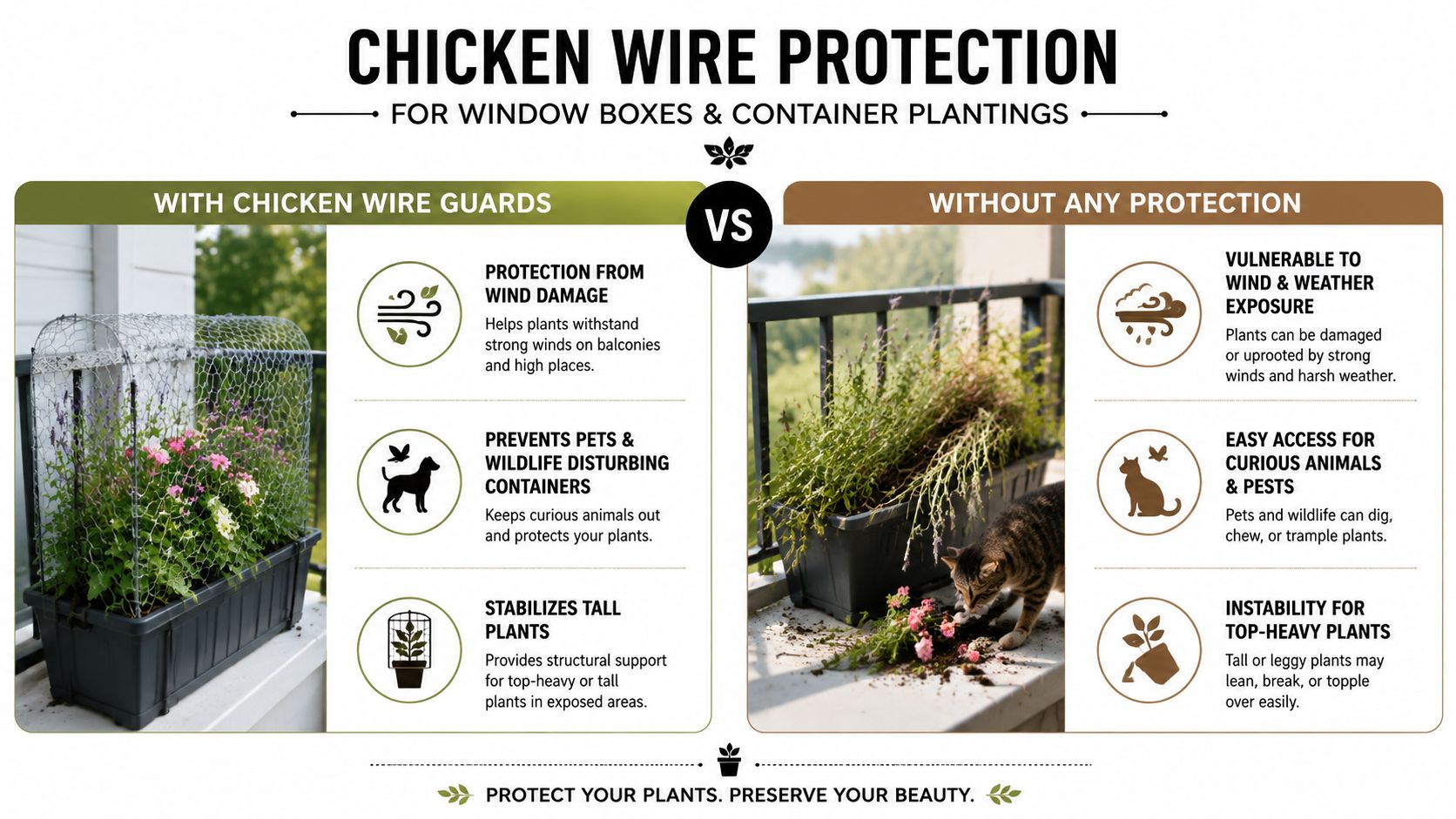 A comparison infographic showing the benefits of using chicken wire guards to protect container plants from pets and weather.