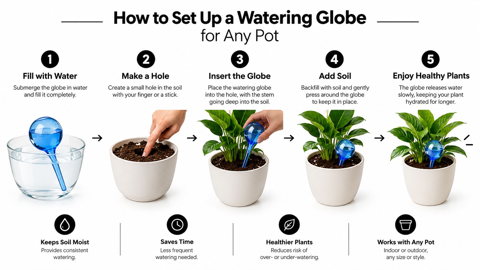 An infographic showing a five-step process to set up a blue glass watering globe for houseplants.