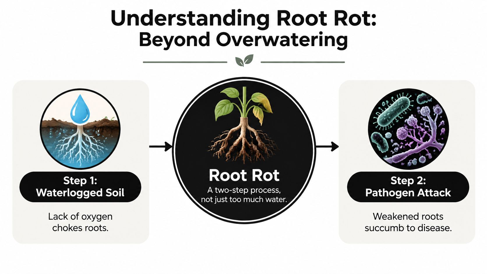 A diagram explaining root rot as a two-step process of waterlogged soil followed by a pathogen attack.