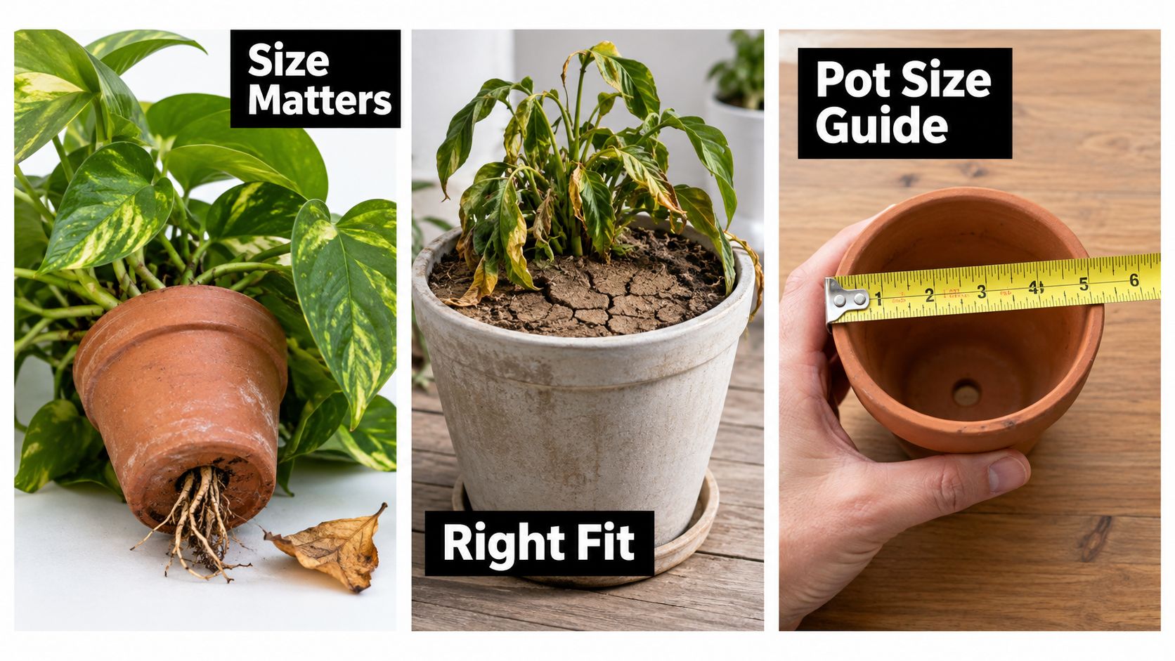 A composite image illustrating a plant root-bound in a pot, a wilting plant, and measuring a pot's diameter.