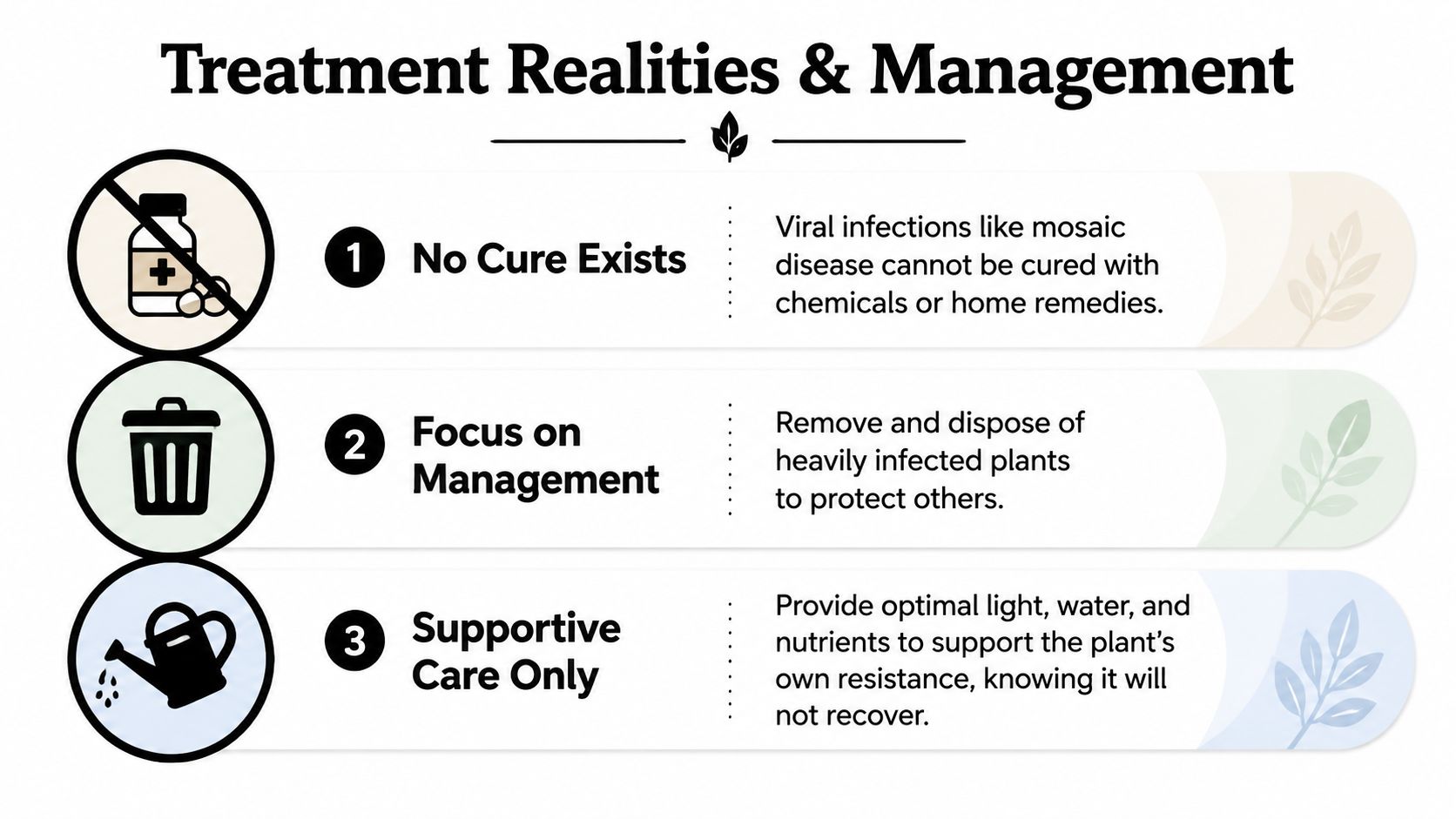 An infographic titled Treatment Realities & Management, outlining three steps for dealing with viral plant diseases.