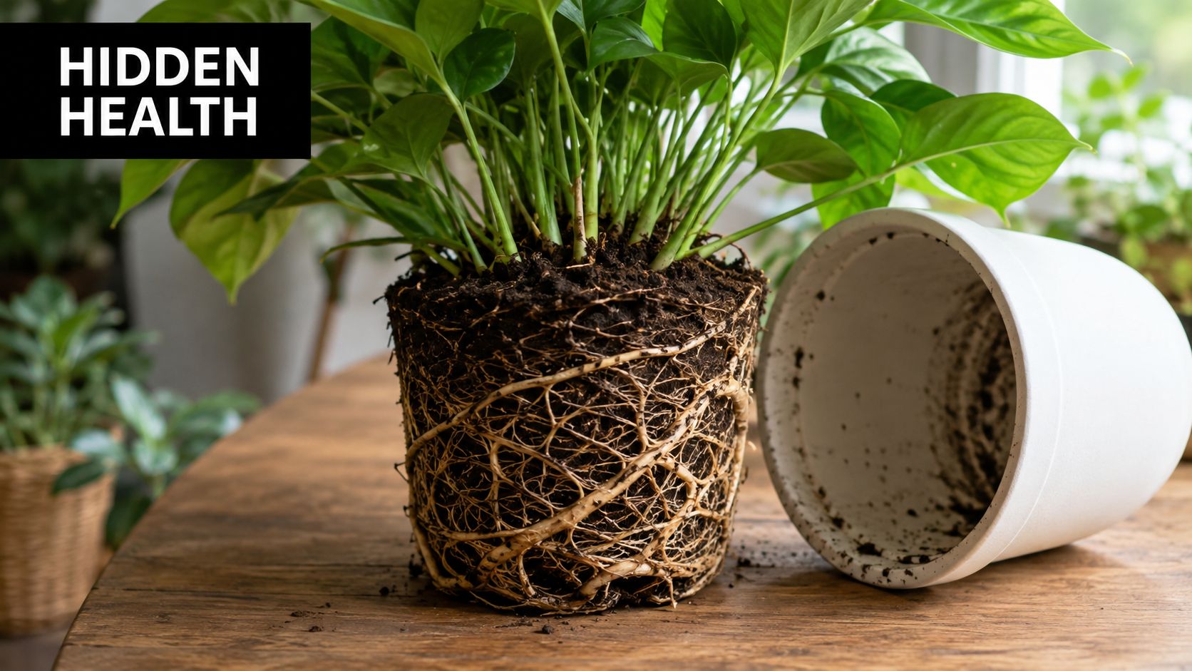 A root-bound houseplant removed from its white ceramic pot, showing dense roots on a wooden table.