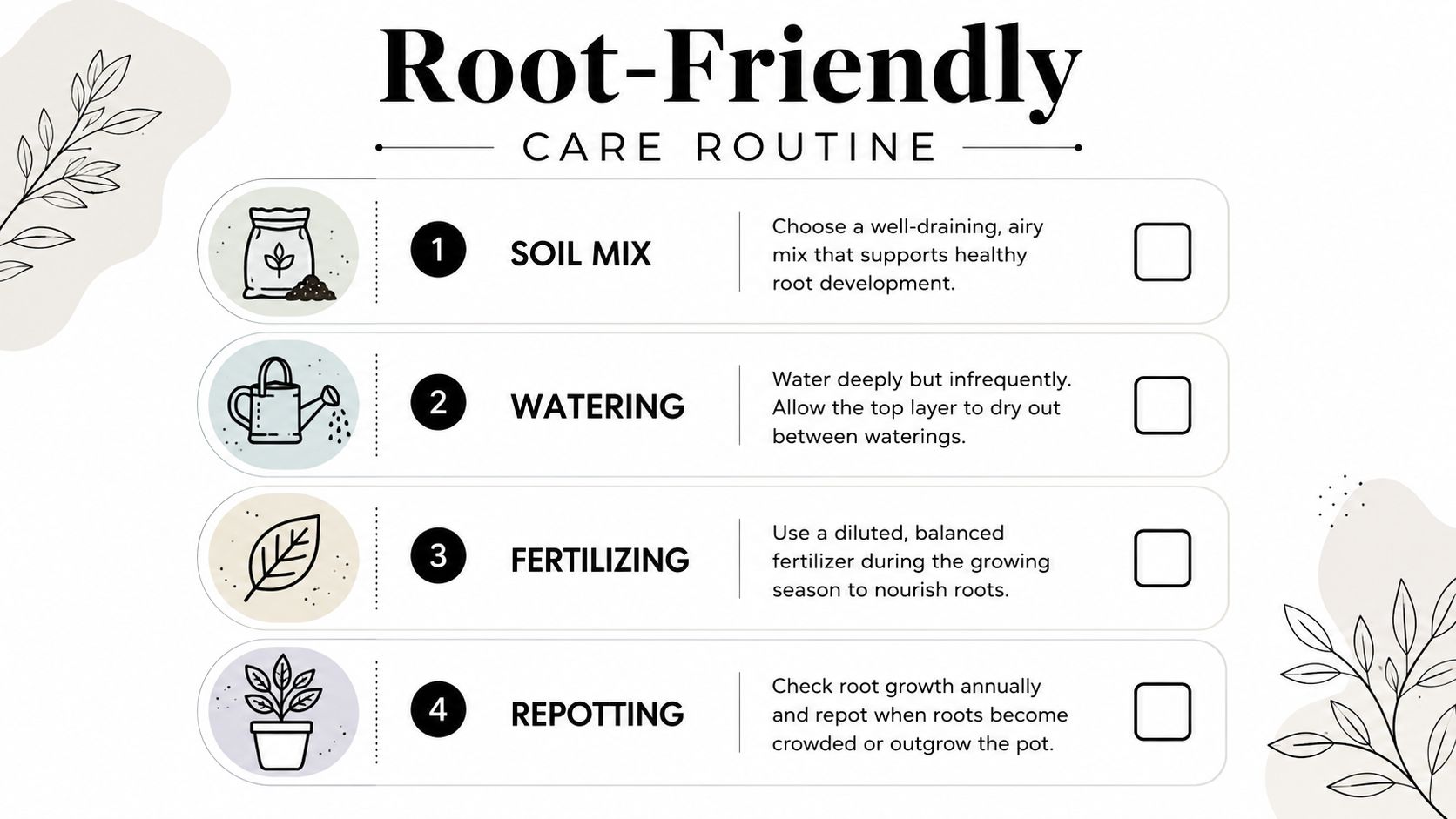 An infographic titled Root-Friendly Care Routine detailing four essential steps for healthy plant root growth and care.