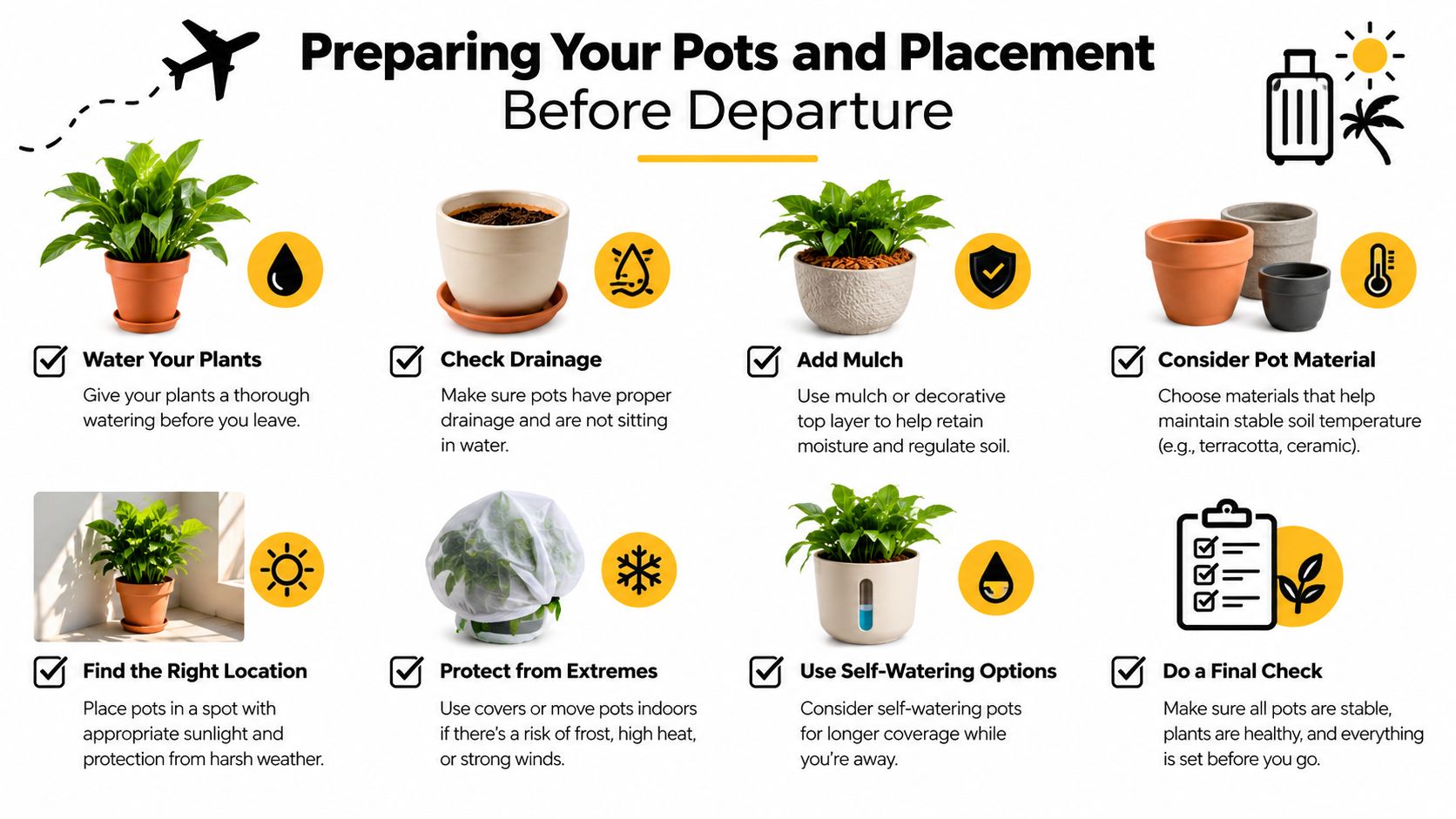 A checklist illustration showing eight tips for maintaining potted plants' health and hydration before going on vacation.