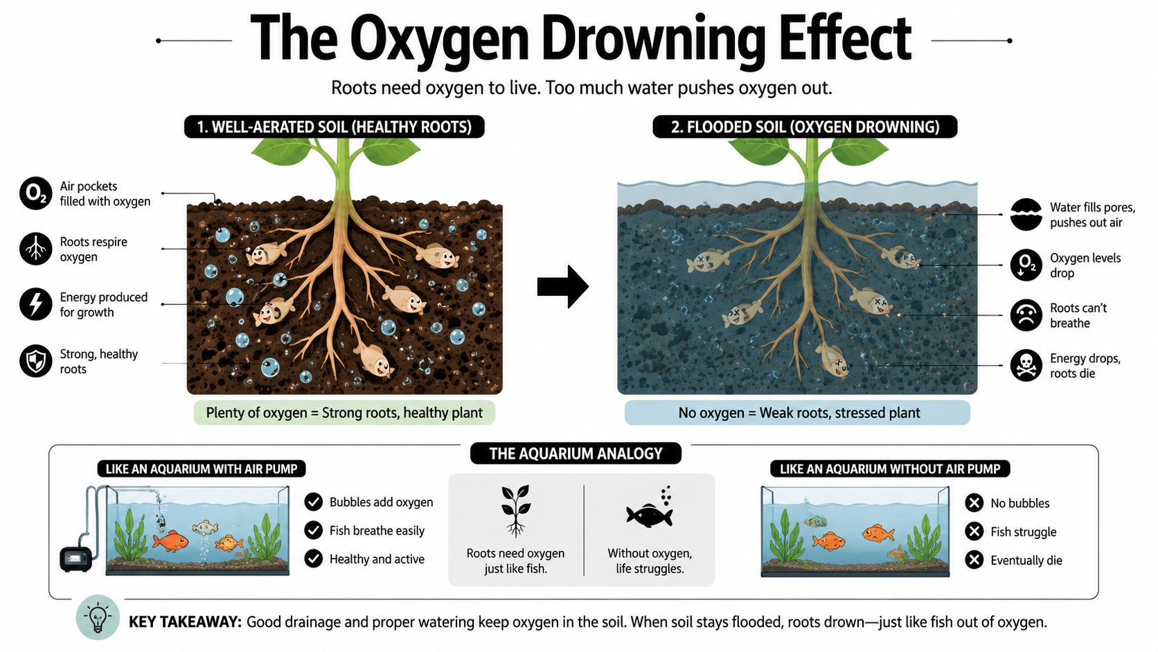 An infographic showing how overwatering plants depletes soil oxygen levels, causing root death through an aquarium analogy.