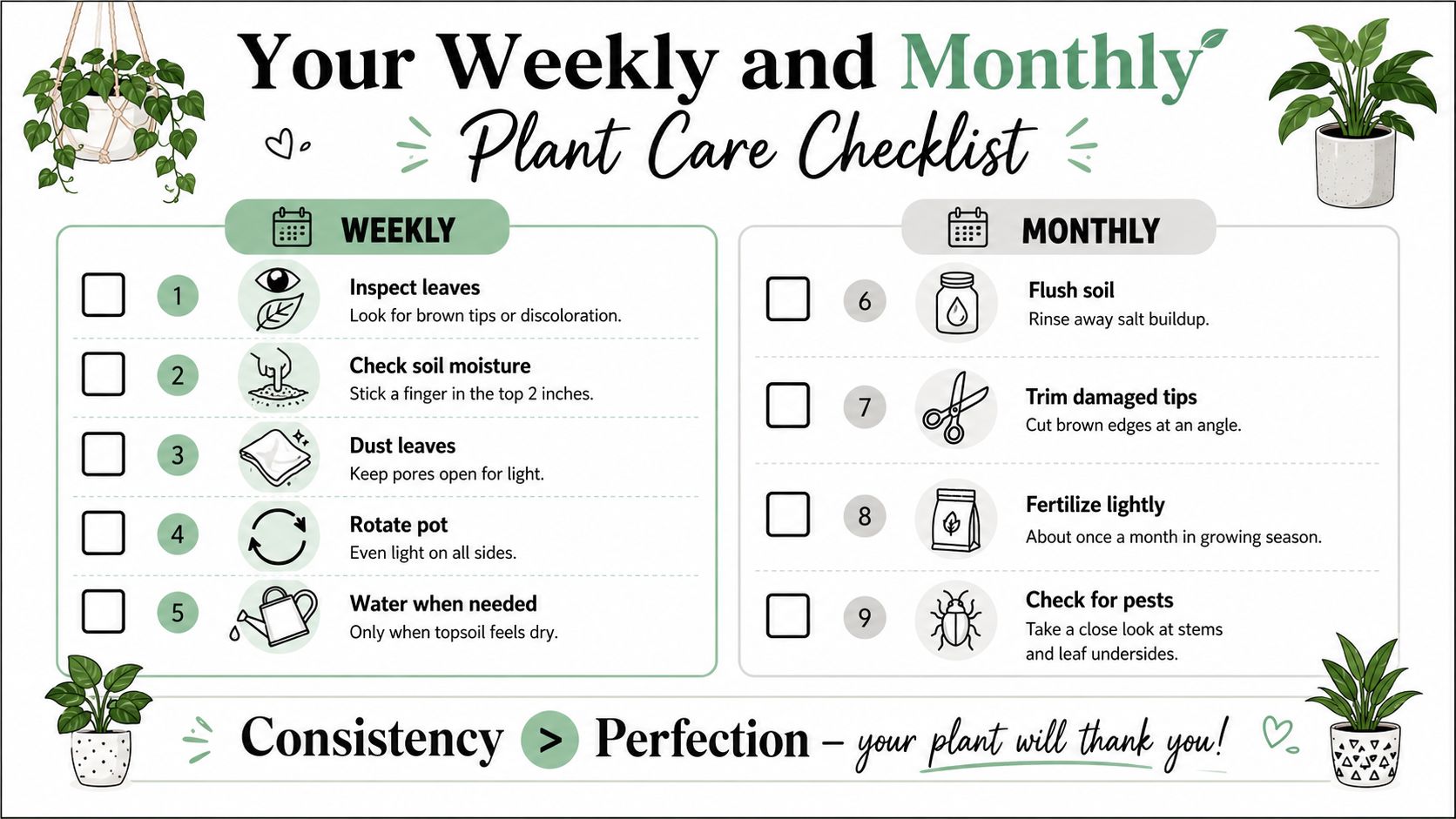 An infographic checklist for weekly and monthly houseplant care, featuring tips for healthy, thriving indoor plants.
