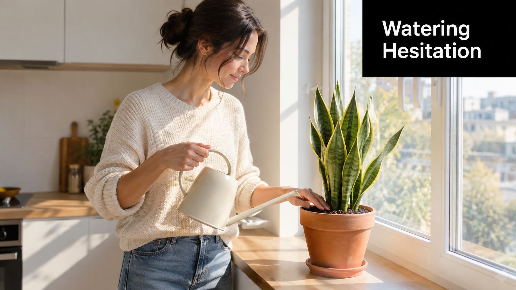 A woman gently touching the soil of a potted snake plant before deciding to water it.