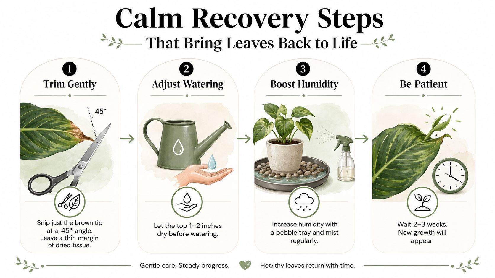 An infographic showing four steps for recovering plants with brown leaf tips using trimming, watering, and humidity.