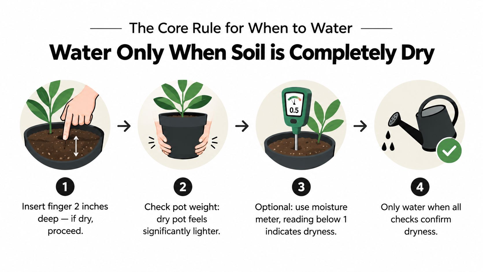 A four-step infographic illustrating how to determine if a houseplant needs water by checking soil moisture.