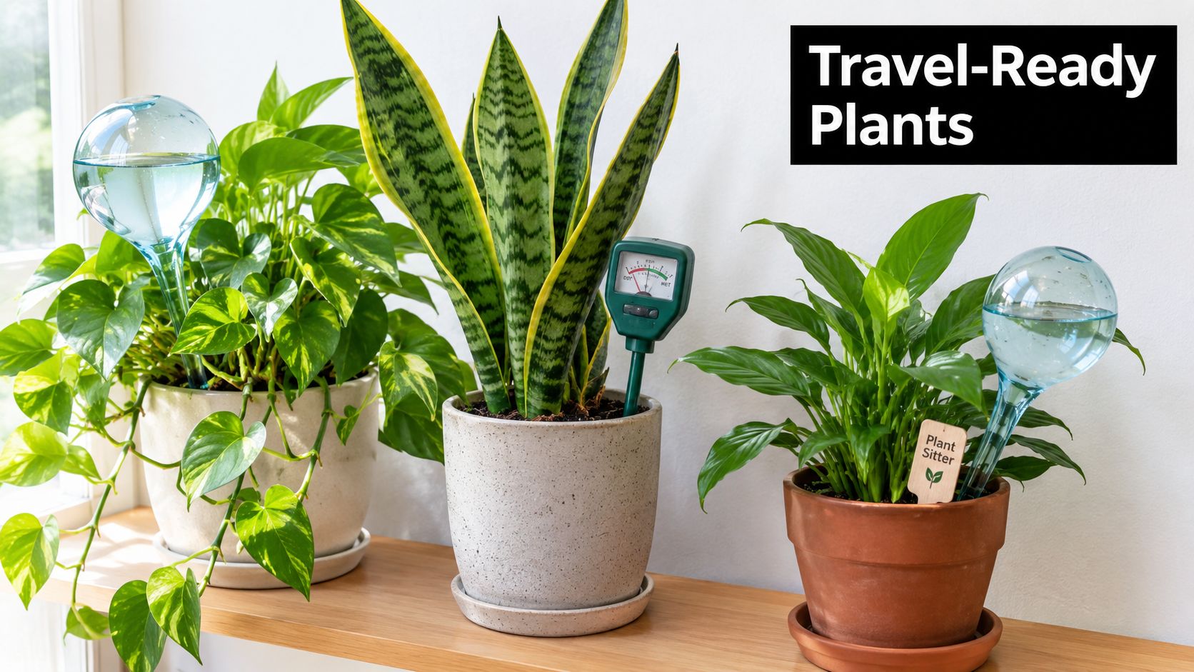 Three potted houseplants on a shelf with watering globes and a moisture meter for travel-ready maintenance.