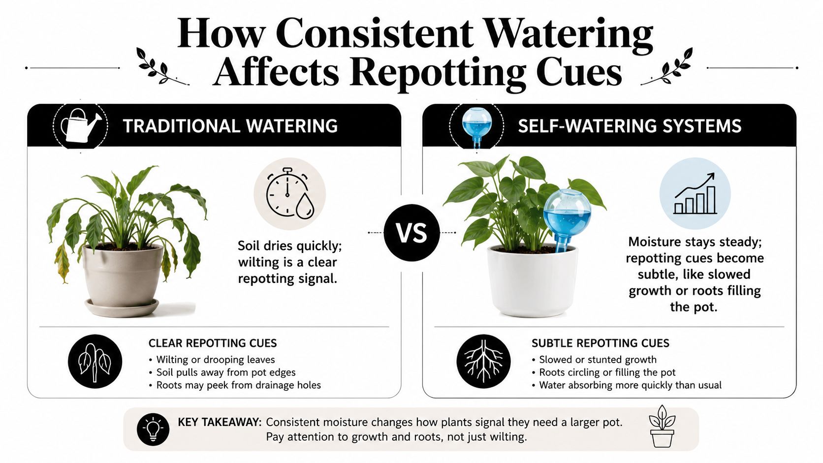 An infographic comparing how traditional and self-watering methods affect signals for when to repot houseplants.