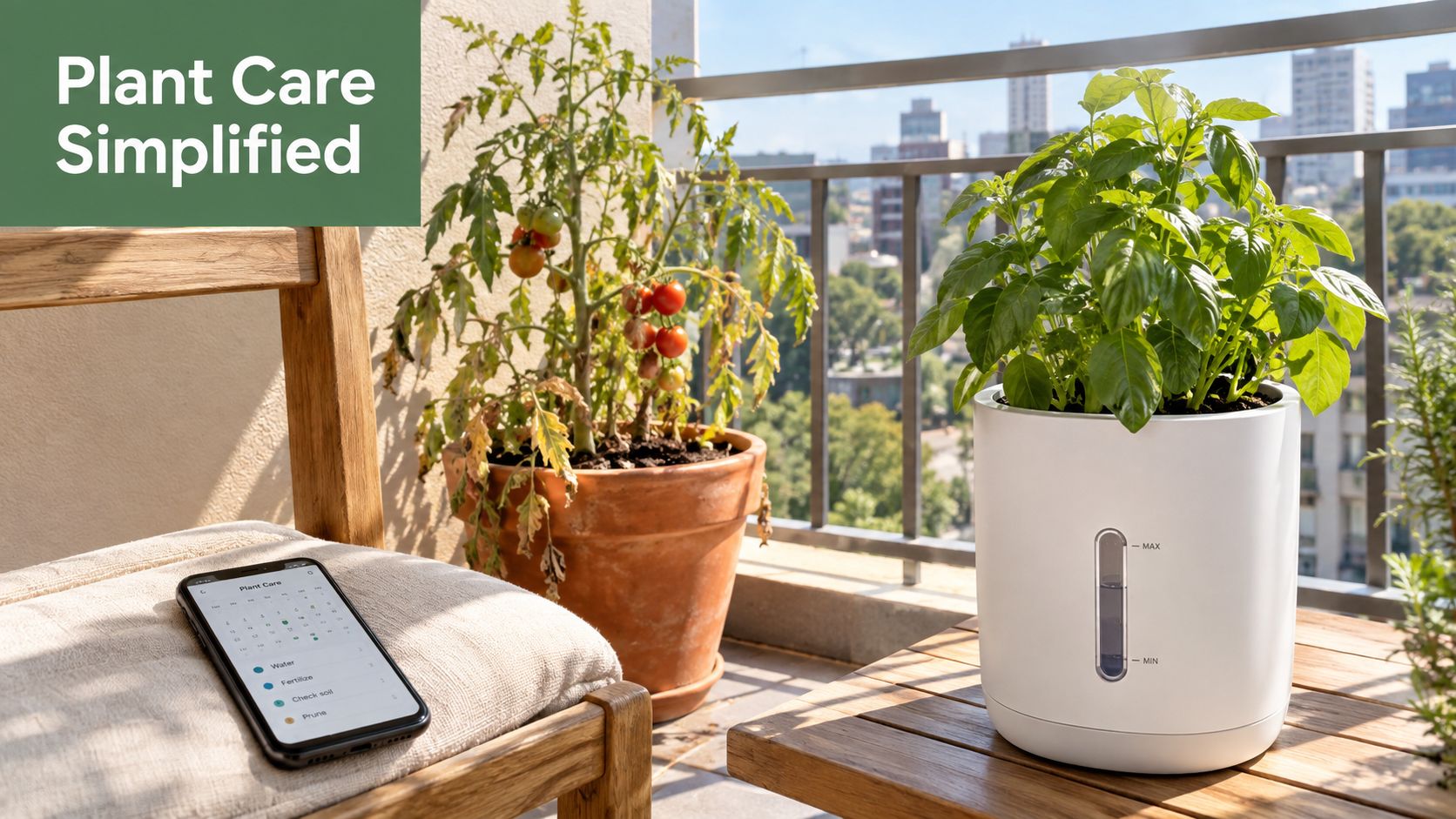 A modern self-watering white planter with green herbs sitting on a balcony next to a smartphone app.