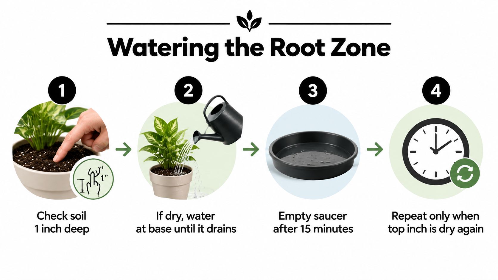 An instructional infographic detailing four steps to properly water indoor potted plants for healthy growth.