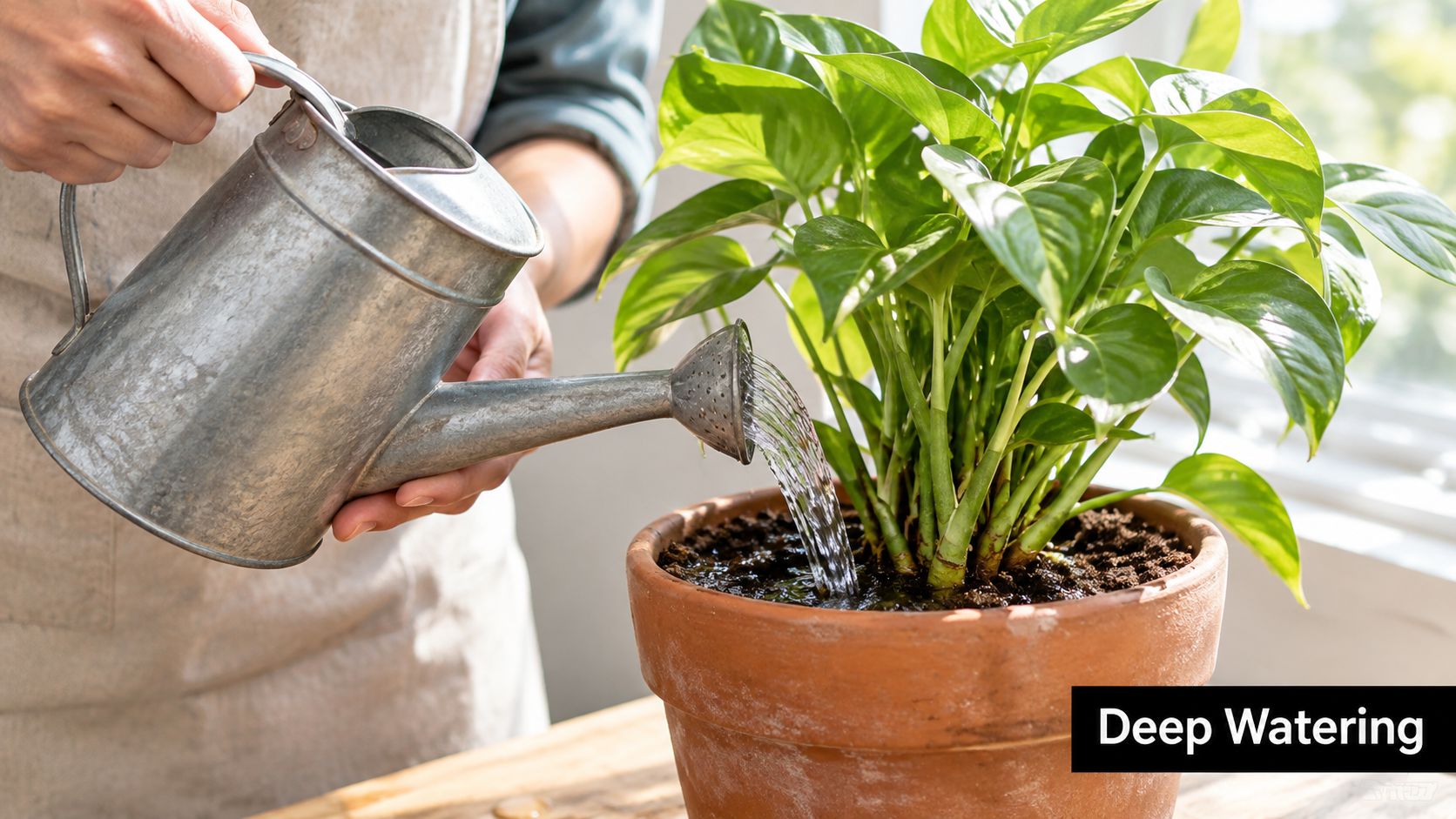A person watering a potted houseplant with a metal watering can to ensure deep water absorption.