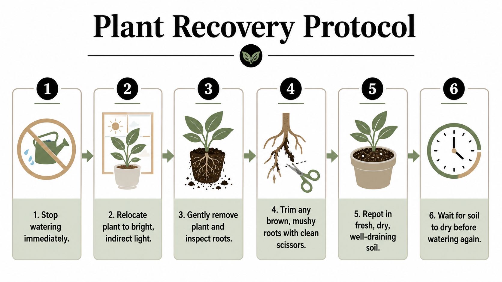An infographic detailing a six-step process for plant recovery after overwatering, featuring clear instructions and icons.