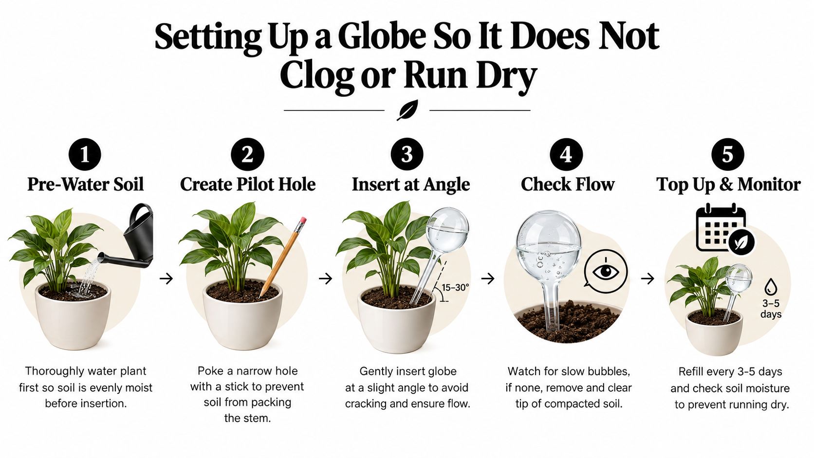 A step-by-step guide on how to properly set up a self-watering glass globe for indoor plants.