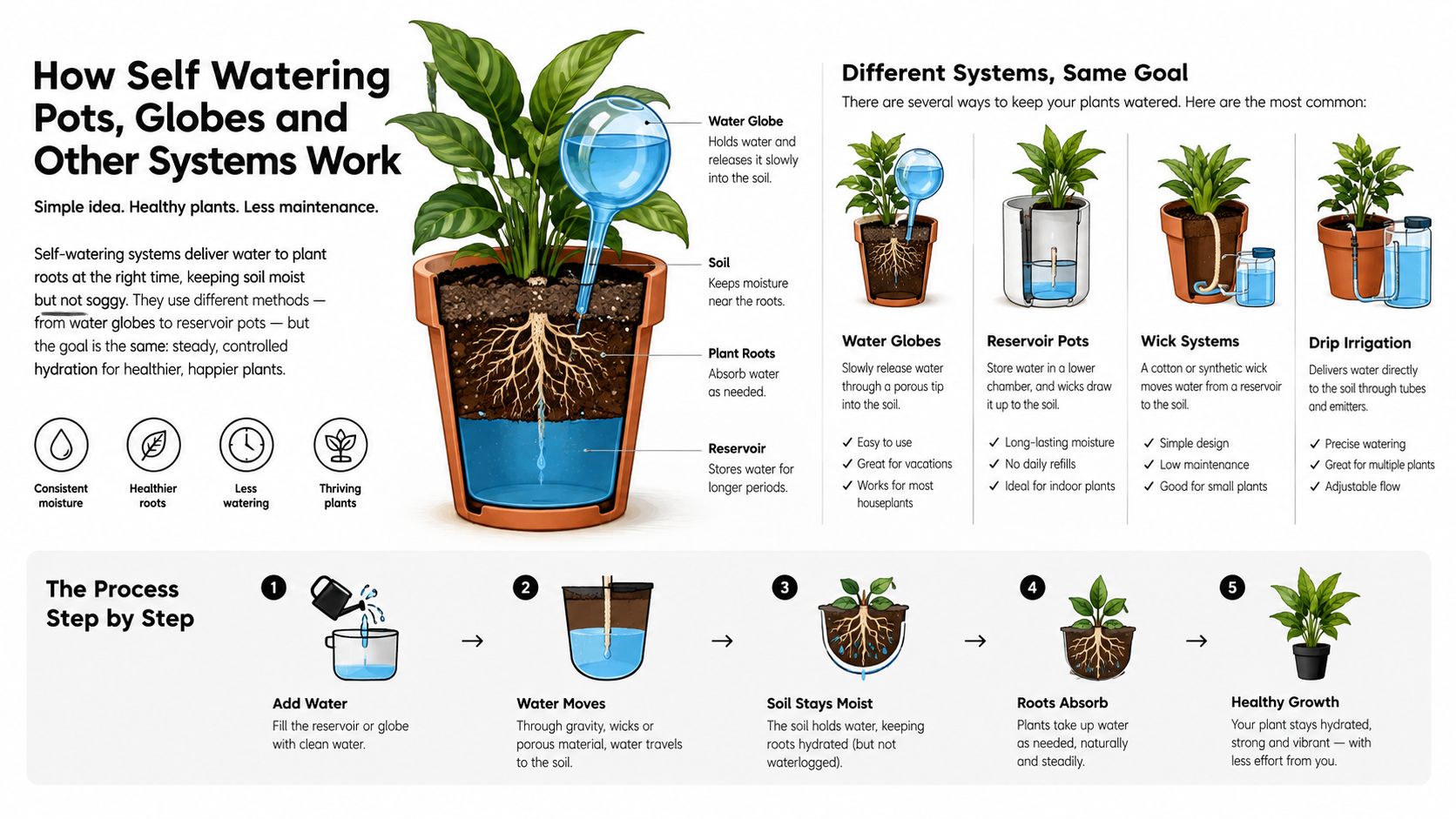An infographic explaining how different self-watering plant systems work to keep indoor plants hydrated and healthy.