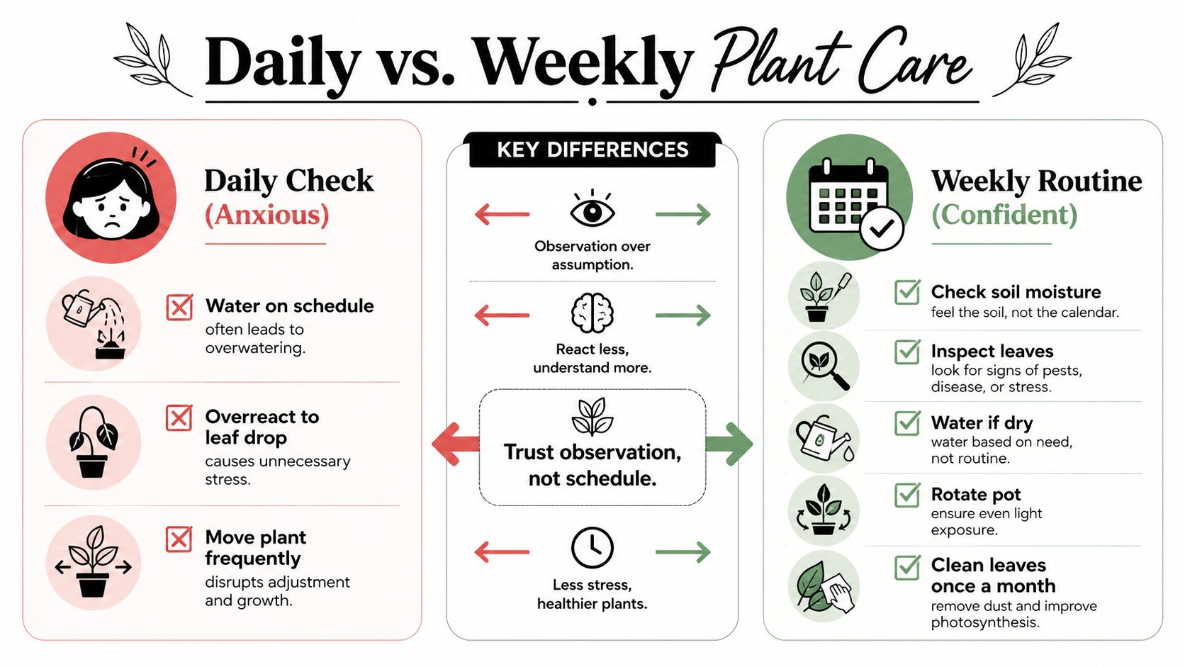 An infographic comparing anxious daily plant care habits with confident, observation-based weekly plant care routines.