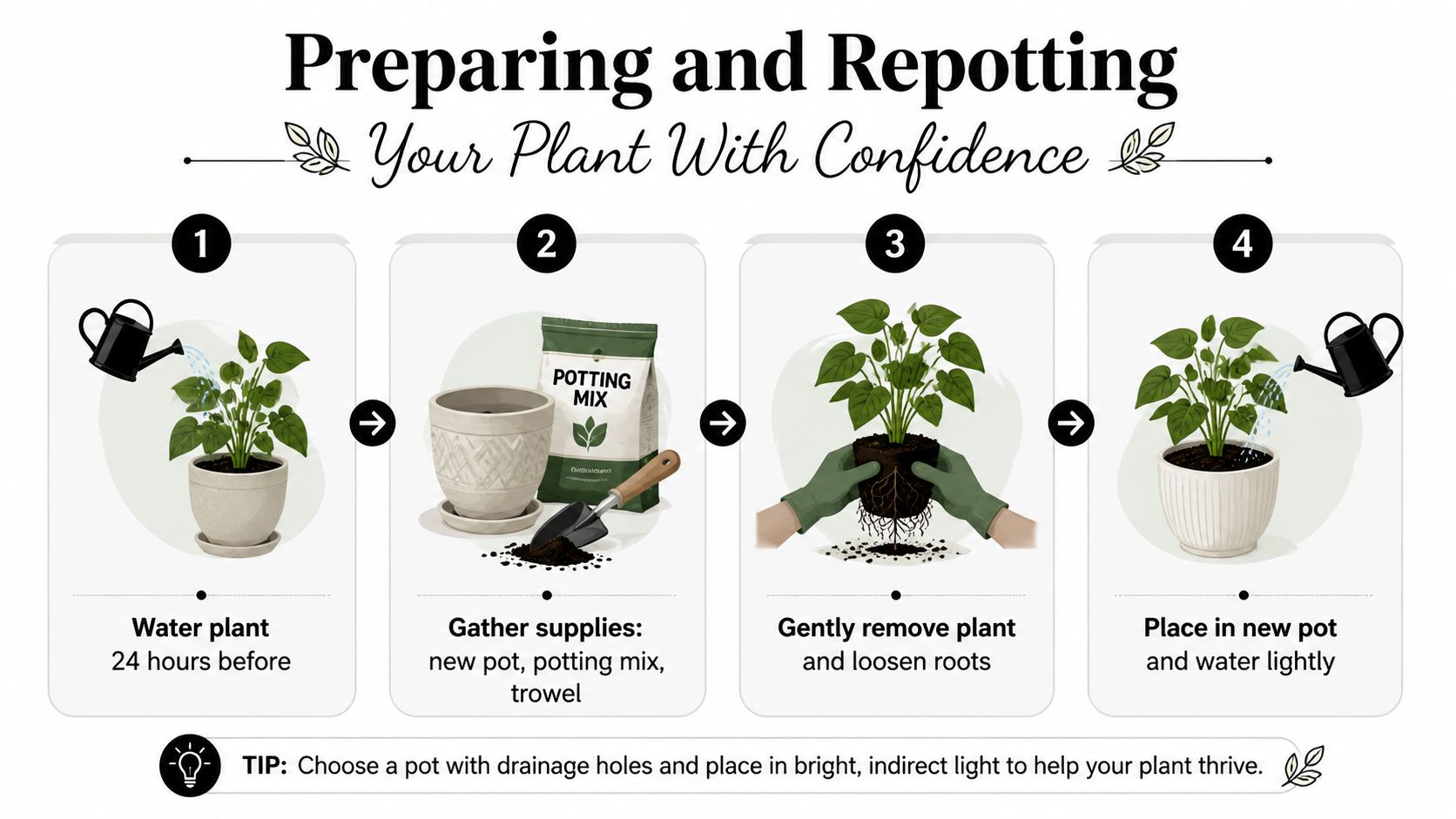 A four-step infographic illustrating the easy process of how to successfully repot indoor houseplants with confidence.