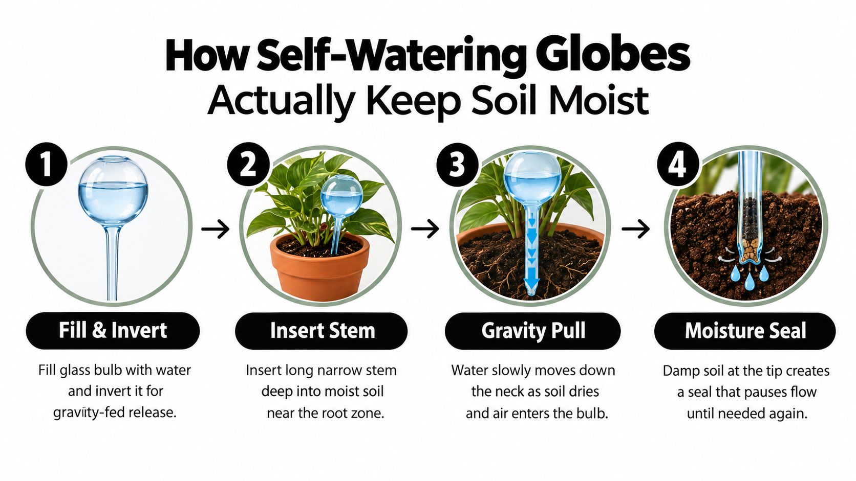 A four-step infographic illustrating how self-watering plant globes work using gravity and soil moisture seals.