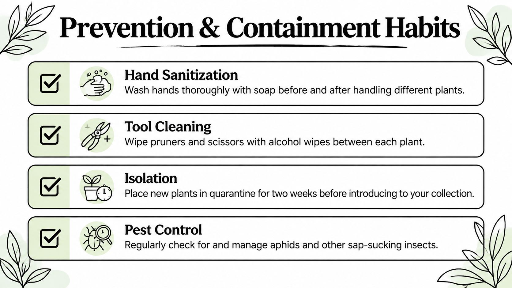 A graphic titled Prevention and Containment Habits, listing tips for plant care including sanitation, cleaning, isolation, and pest control.