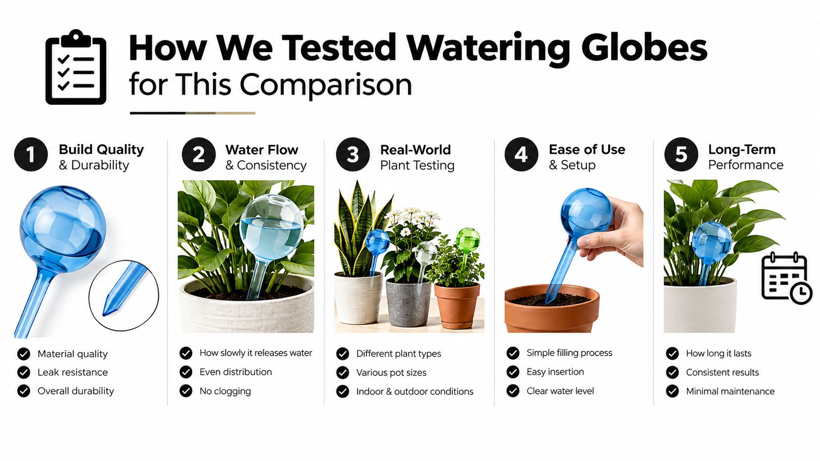 An infographic detailing five key steps for testing and evaluating plant watering globes for performance.