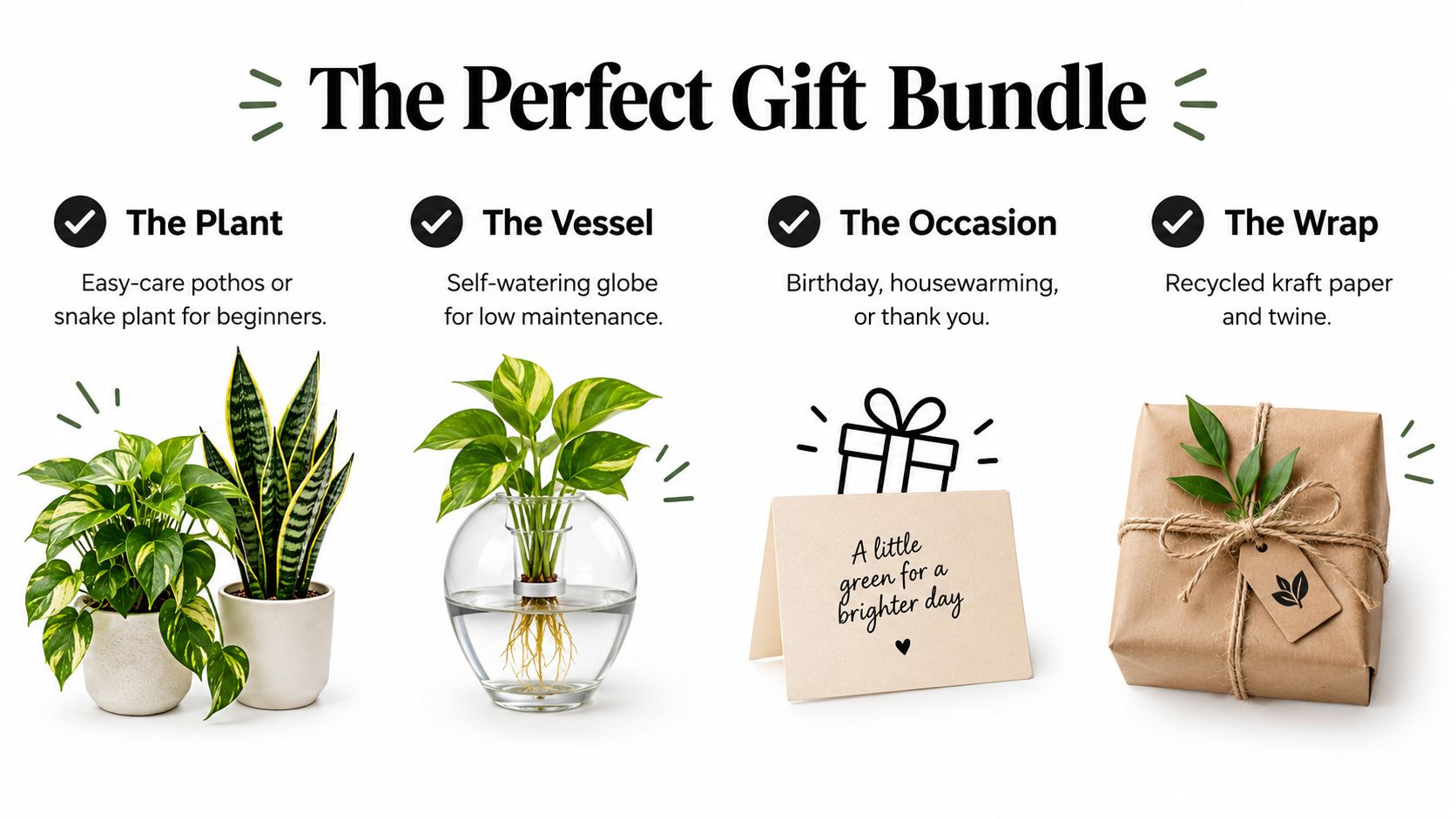 A promotional graphic titled The Perfect Gift Bundle showing plants, a glass vessel, card, and gift wrapping.