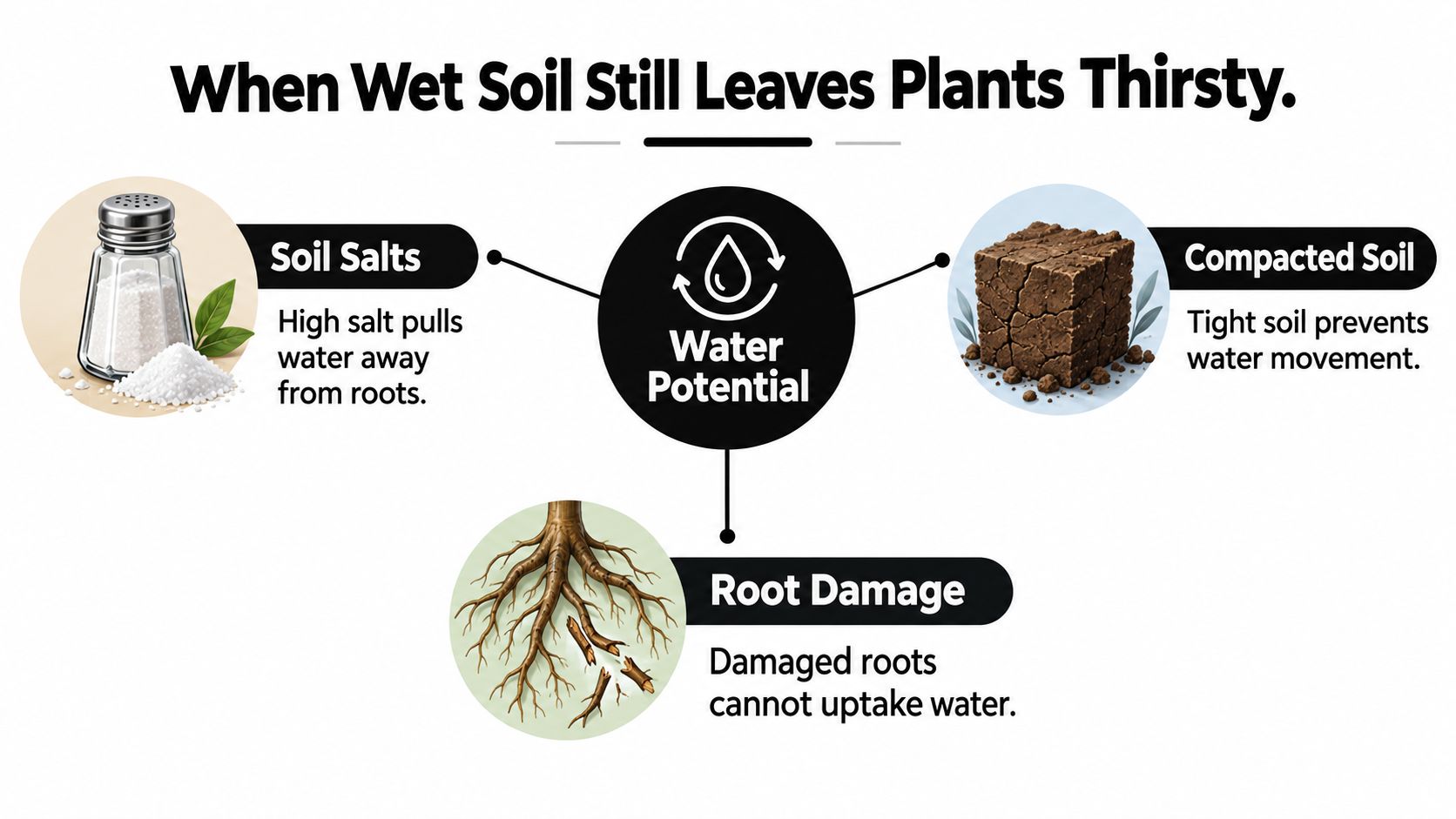 An infographic showing three factors, soil salts, compacted soil, and root damage, that affect plant water absorption.