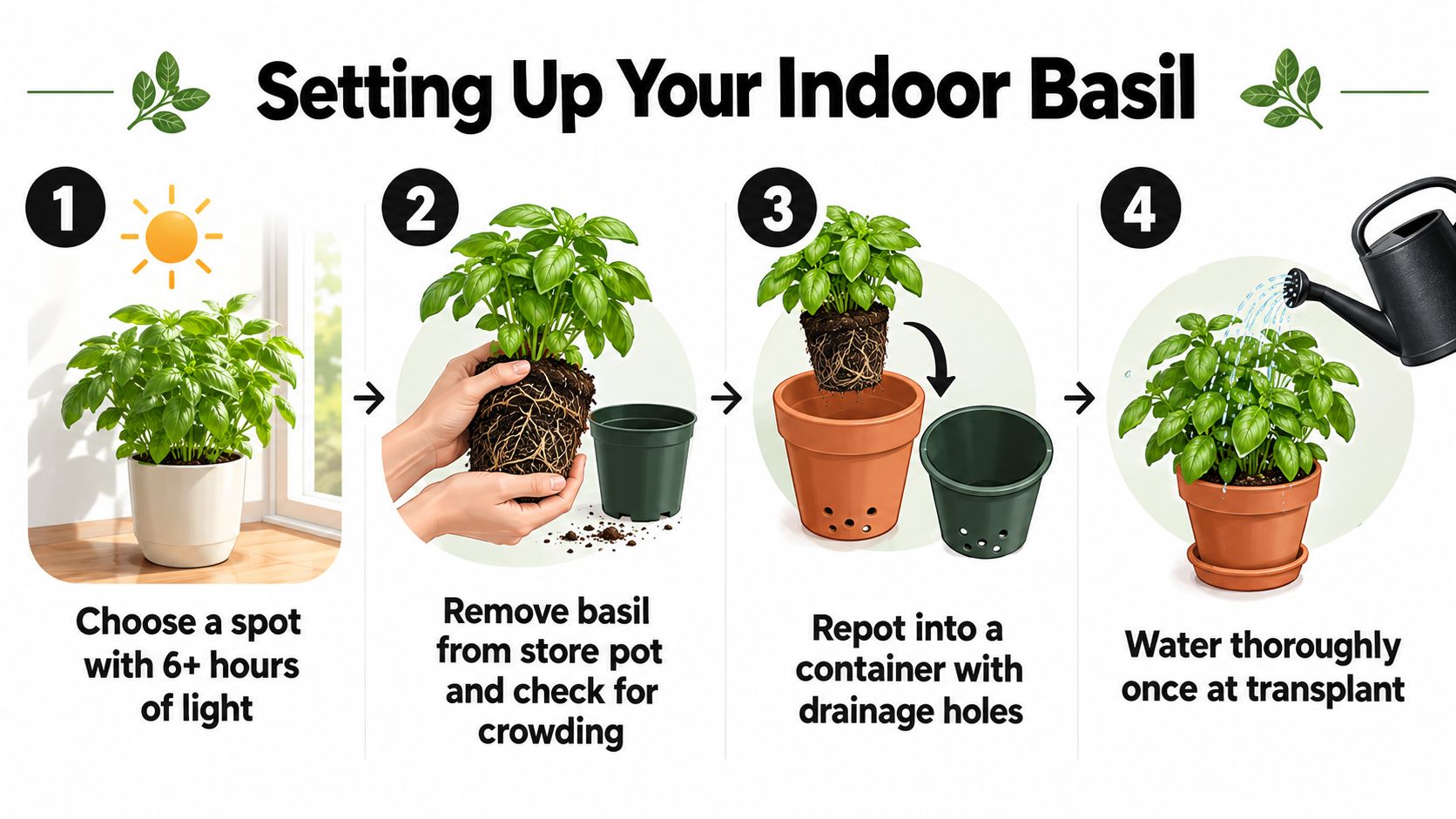An infographic showing the four-step process for successfully setting up and transplanting indoor basil plants.