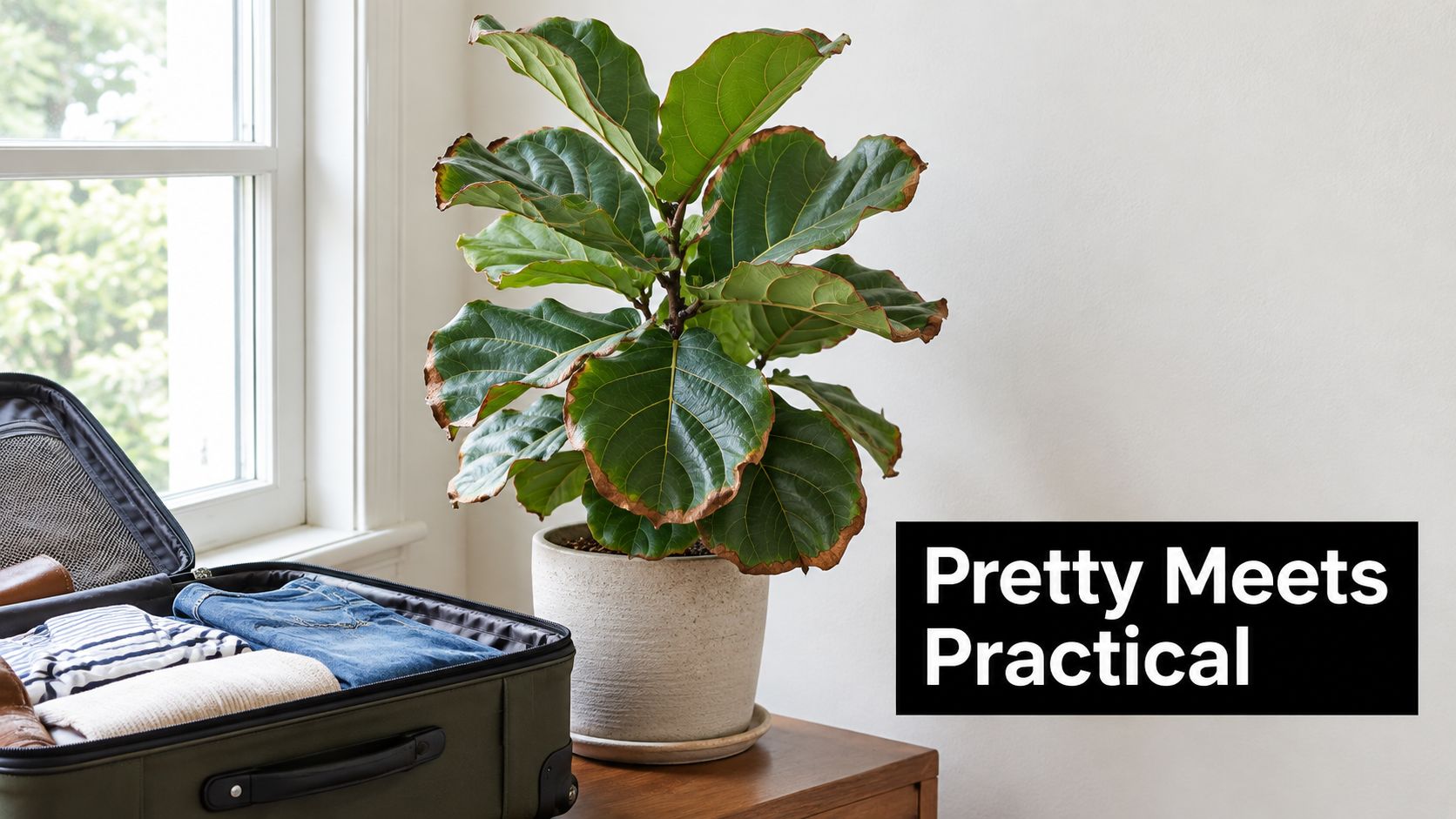 A fiddle leaf fig plant in a stone pot sits beside an open suitcase packed for travel.