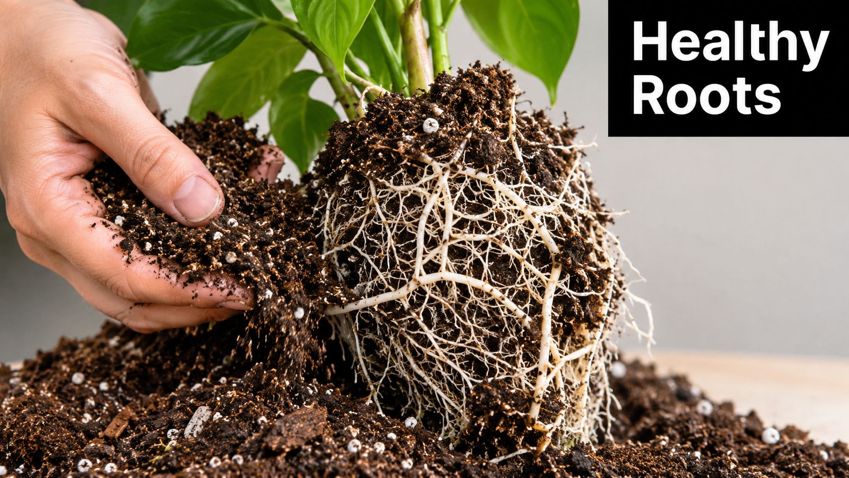 A close-up view of a person holding a plant with visible healthy, white roots and soil.