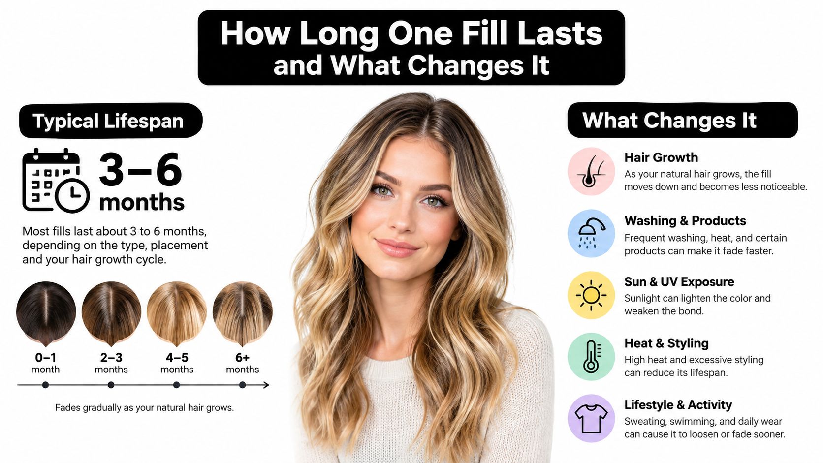 An infographic explaining that hair fills typically last 3-6 months depending on growth, washing, and styling habits.