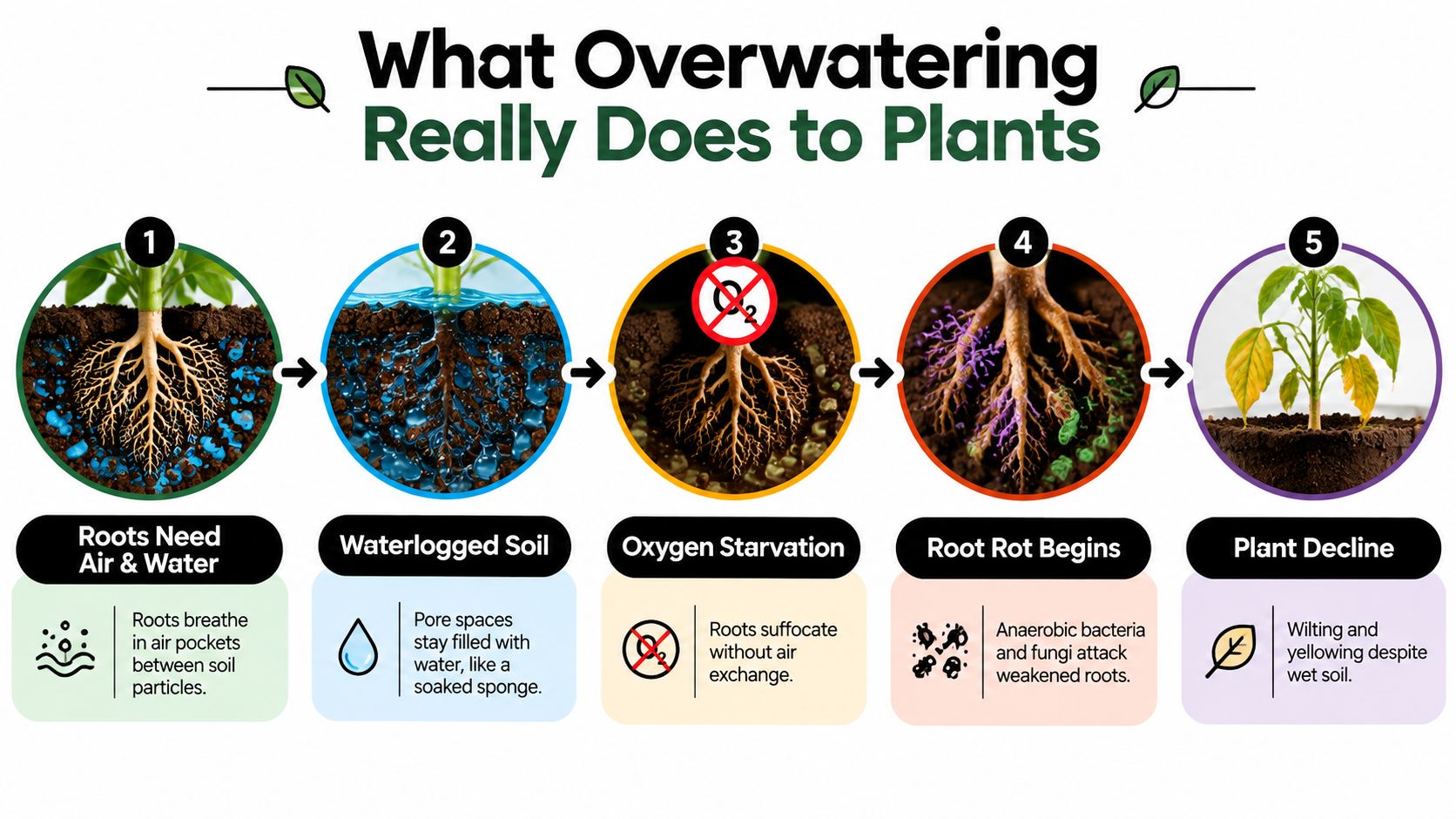 A five-step infographic showing how overwatering leads to root rot and plant decline in plants.