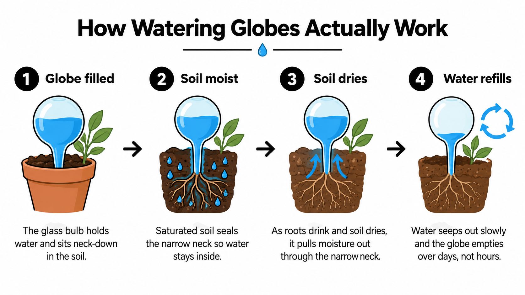 An infographic illustrating how a decorative plant watering globe works by slowly releasing water into soil.