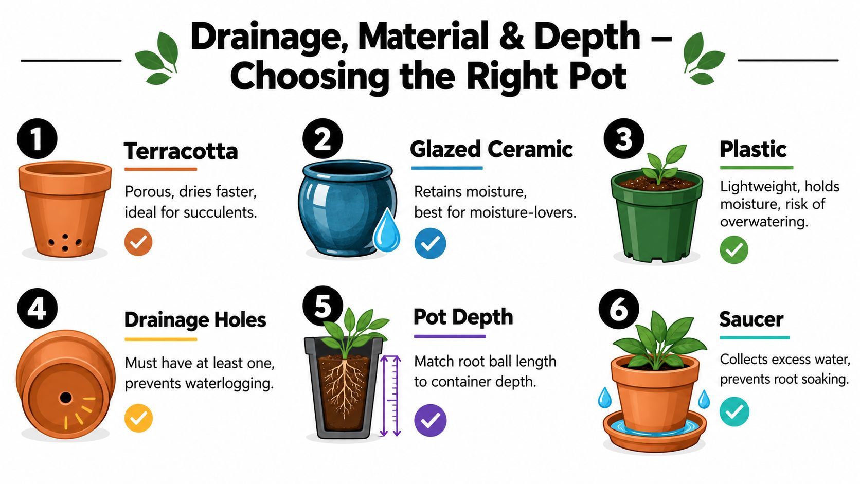 An infographic titled Choosing the Right Pot explaining different pot materials, drainage importance, and plant depth.