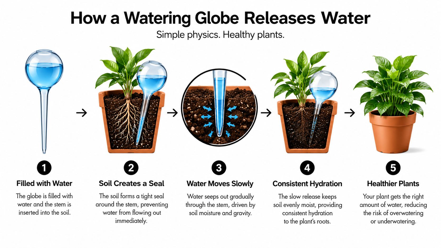 A diagram illustrating the five steps of how a watering globe functions for plant irrigation.