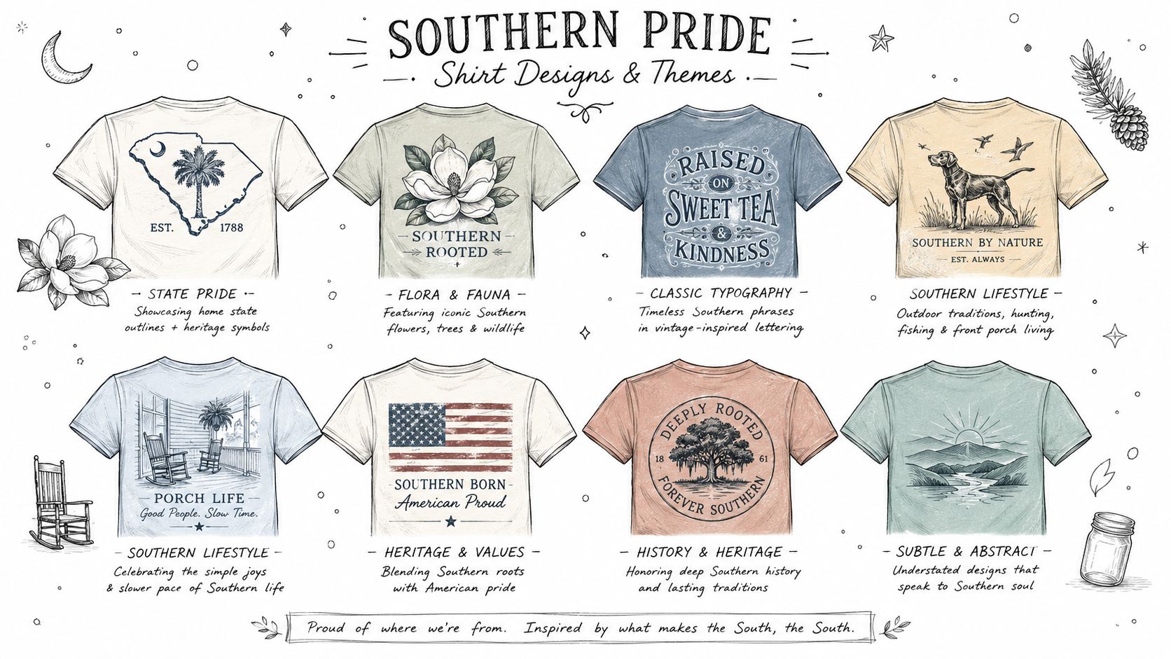 A display of eight t-shirt designs showcasing Southern-themed illustrations, typography, and cultural symbols with descriptive labels.