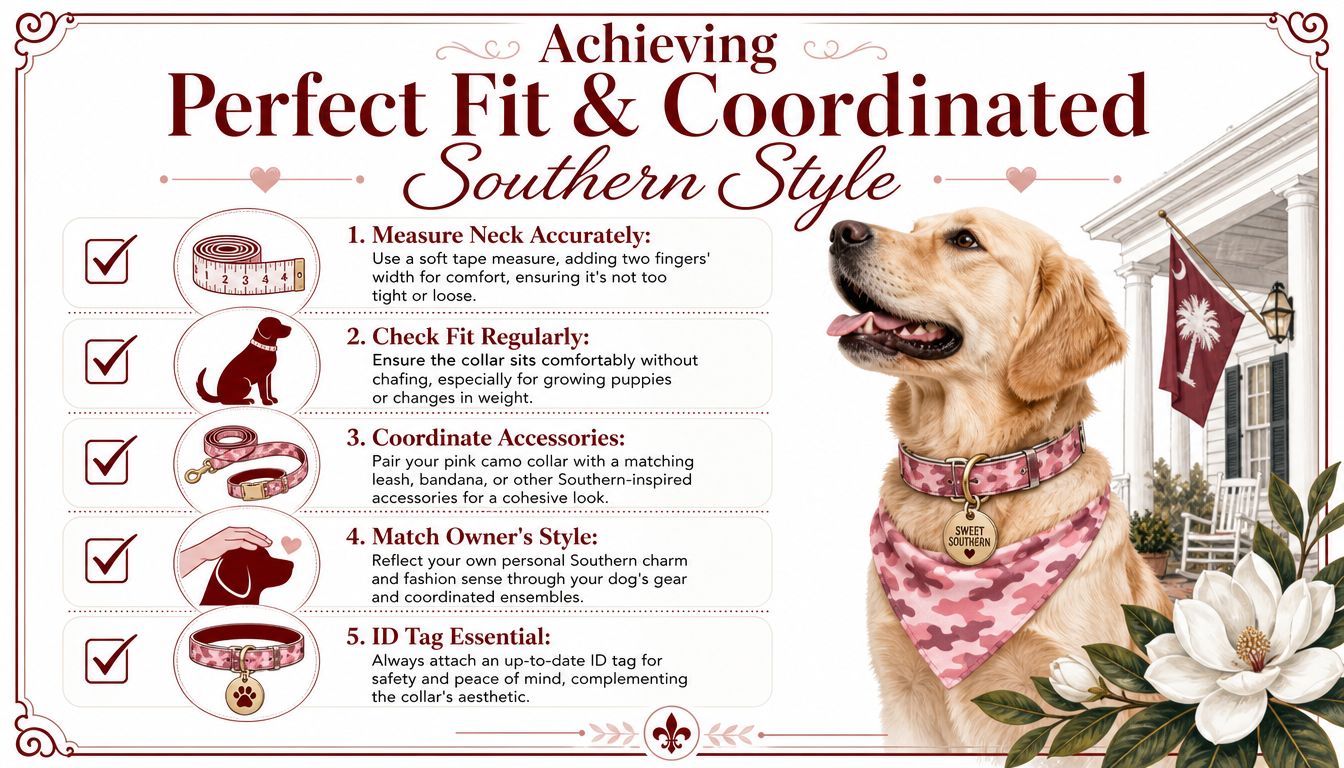 A guide on achieving the perfect fit and style for a dog wearing a pink camouflage collar.