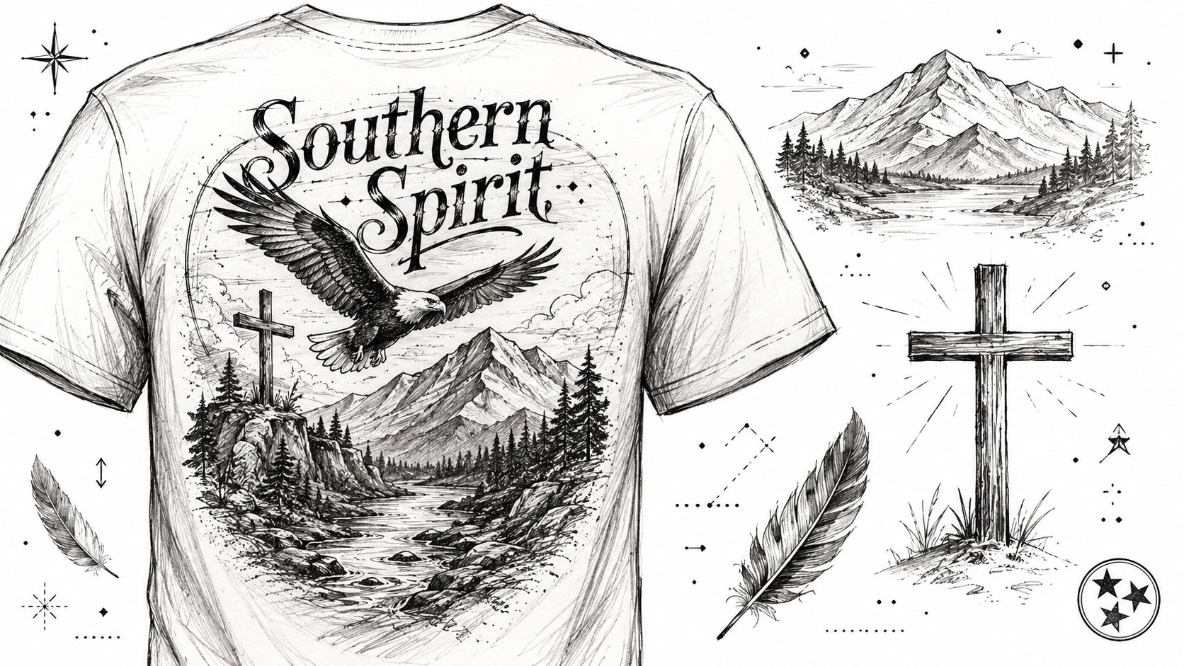 A detailed graphic sketch of a t-shirt featuring an eagle, mountains, a cross, and the text Southern Spirit.