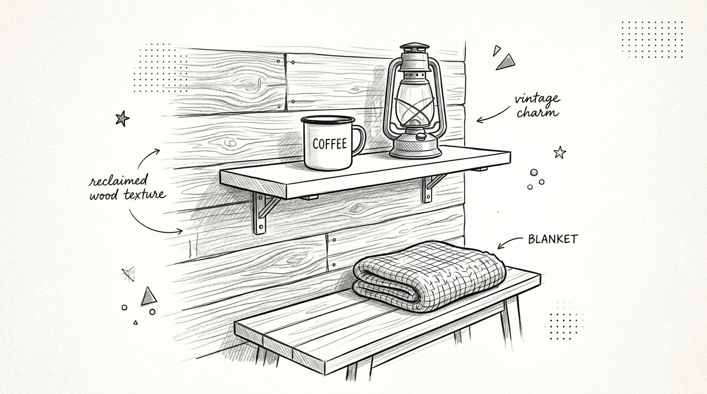 A hand-drawn illustration featuring a coffee mug and lantern on a wood shelf above a cozy bench.