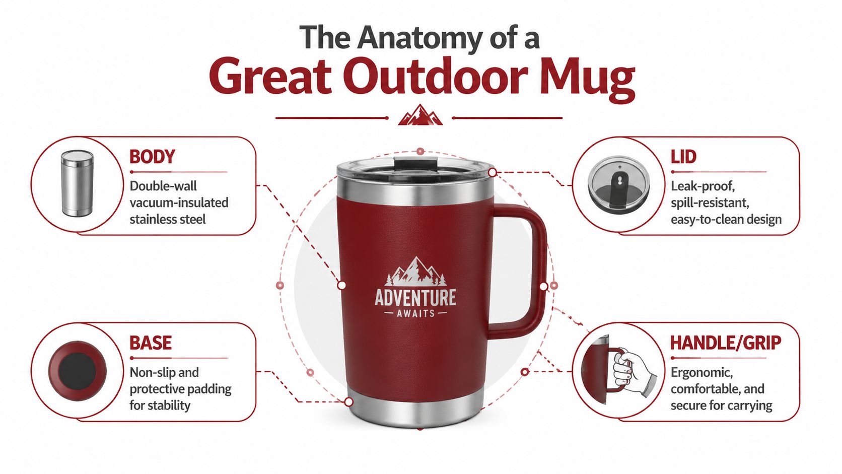 A detailed infographic showing the anatomy and key features of a durable stainless steel outdoor coffee mug.