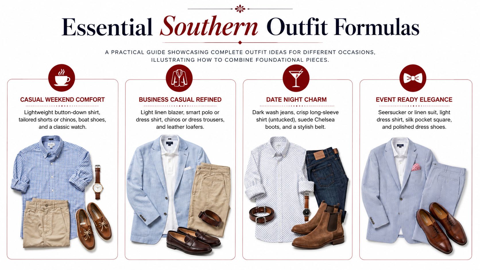 An infographic displaying four different outfit formulas for men, including casual, business casual, date night, and formal styles.