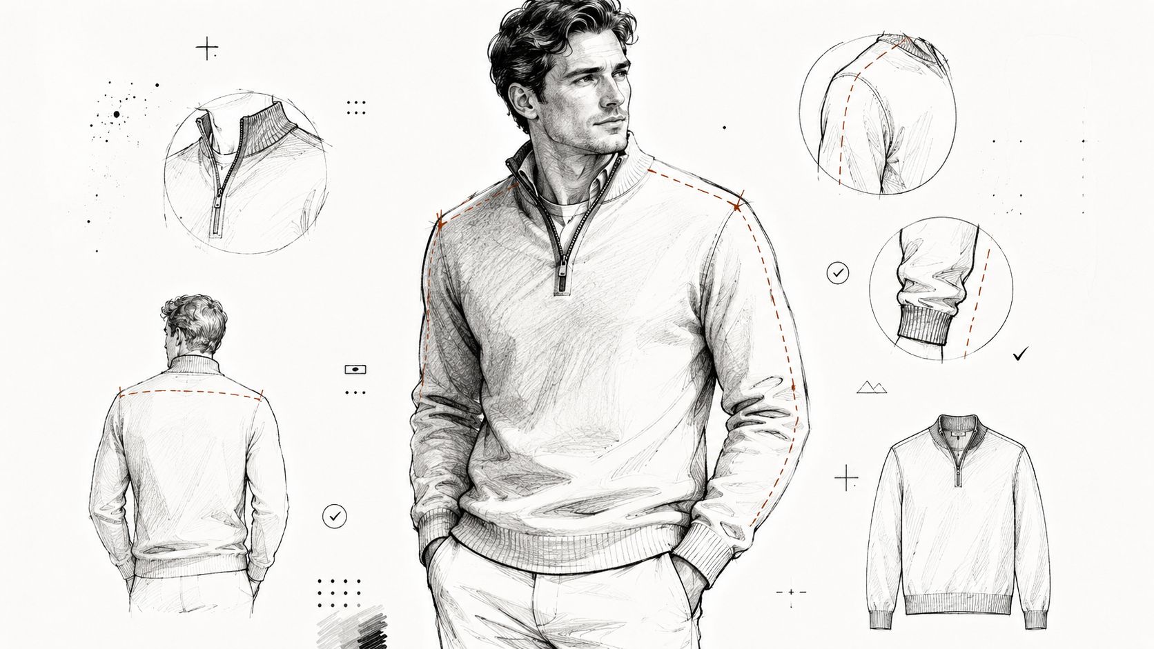 A detailed technical fashion sketch showing a man wearing a quarter zip sweater with design annotations.