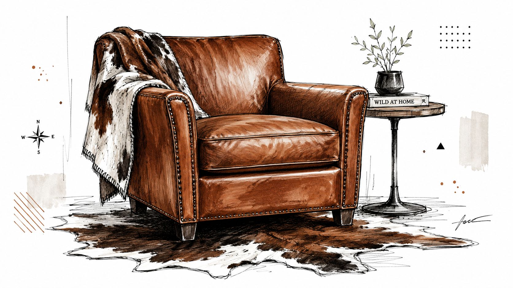 A leather armchair with a cowhide throw blanket sitting on a matching rug next to a side table.