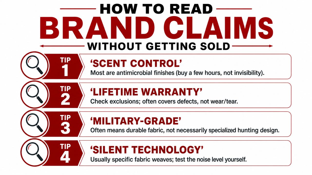 An infographic titled How to Read Brand Claims offering four shopping tips for hunting gear consumers.